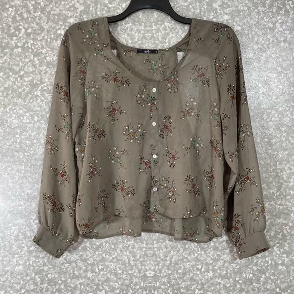 Papaya Gray Floral Button Front Back Cutout Top - Size Medium - Long Sleeves - Picture 1 of 6